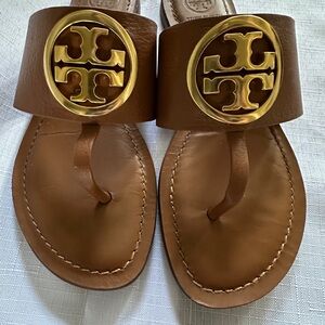 Authentic Tory Burch Tan Sandals with Gold Double T Emblem